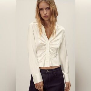 ZARA Ecru White Collared Ruched Satiny Shirt Blouse Size XXL